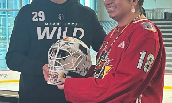 [Russo] As part of Native American Heritage Night and to honor his wife, who is native, Marc-Andre Fleury had a custom-designed mask created by Cole Redhorse Taylor. Mask quotes his dad on back, has names of his kids. He’s bummed the NHL has informed him he can’t even wear in warmups