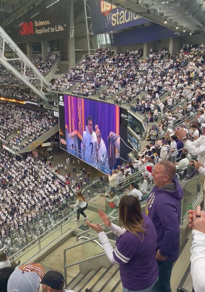 Brock Faber blows the Gjallarhorn for the Vikings game today