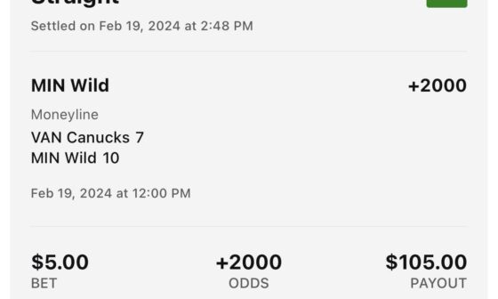 Forgot to post this earlier, but I had a good feeling when the Canucks were up 5-2 and threw some money on the Wild