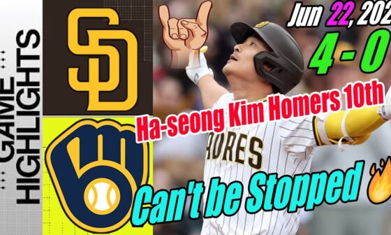 Padres vs Brewers Full Game Highlights June 22, 2024 | Ha-seong Kim Home Run 10th Season 🚀