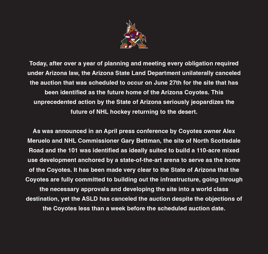 Coyotes Statement regarding the Land Auction being cancelled.