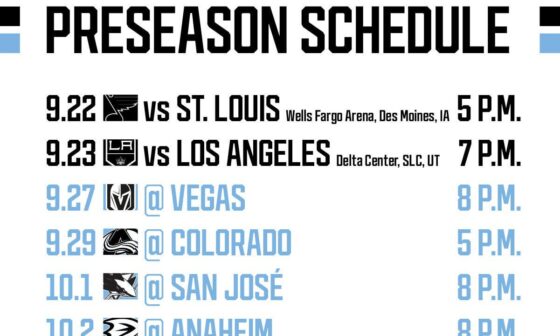 Utah's first preseason game will be played against the Blues in Des Moines, IA.