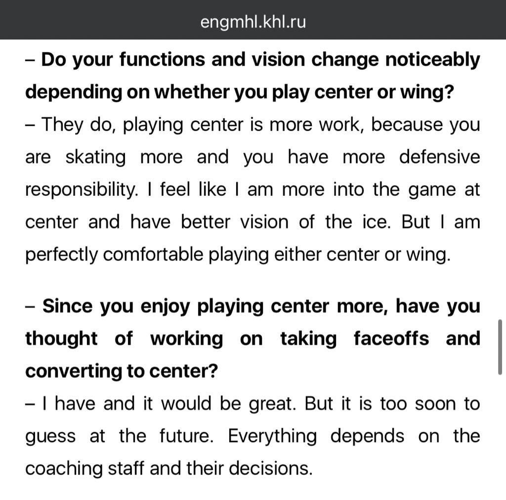 Ivan Demidov says he is “perfectly comfortable playing either center or wing” and expressed that he enjoys playing center more (from an interview in May)