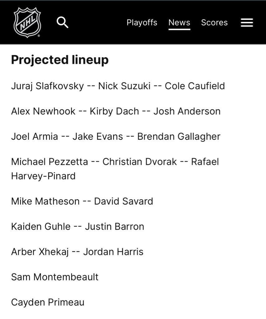 NHL dot com’s projected Habs lineup for this upcoming season