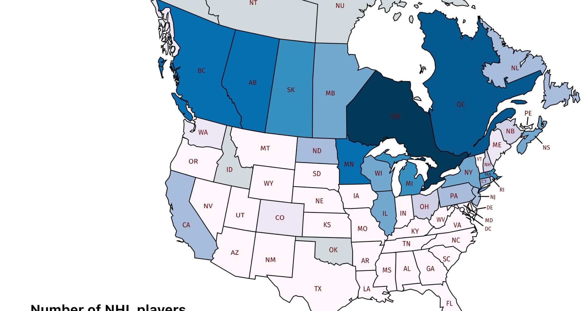 Number of NHL players by states (all time)