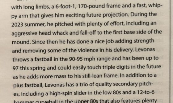 Baseball America scouting report for Brewers selection at the 67th pick, Chris Levonas.