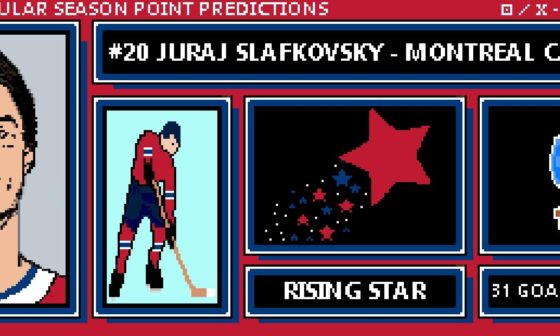 I am predicting Juraj Slafkovsky to continue his second-half breakout from last year and to put up 31 Goals 42 Assists for 73 points for the 2023-2024 regular season! What do Habs fans think? Fair?