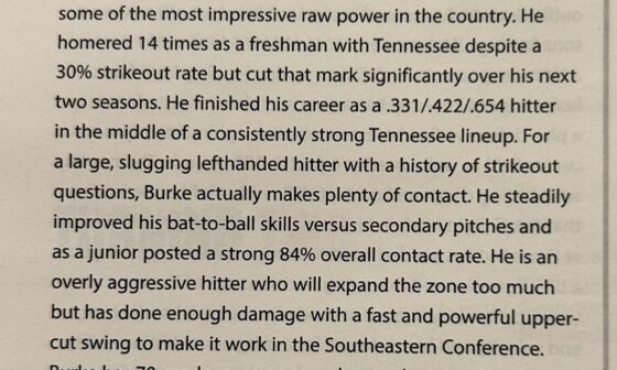 Baseball America scouting report for Brewers draft selection at the 34th pick, Blake Burke.