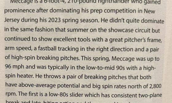 Baseball America scouting report for Brewers selection at the 57th pick, Bryce Meccage.