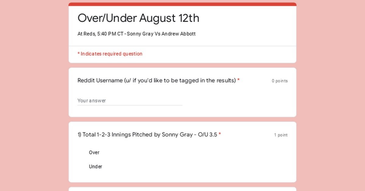 Over/Under Contest: August 12th - At Reds, 5:40 PM CT - Sonny Gray Vs Andrew Abbott