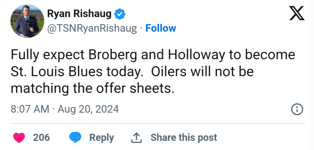 TSN reports Oilers will not match