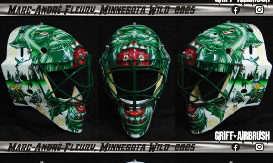 Marc-Andre Fleury’s masks for his final NHL season, made by Stéphane Griff