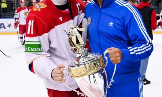 Ivan Demidov with SKA head coach Roman Rotenberg following SKA vs RUS U23 at the finale of the Puchkov tournament.