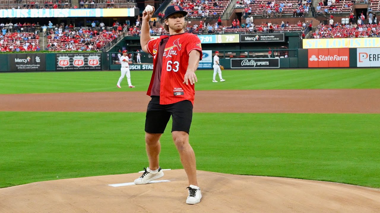 Jake Neighbours throws out first pitch at Cardinals game