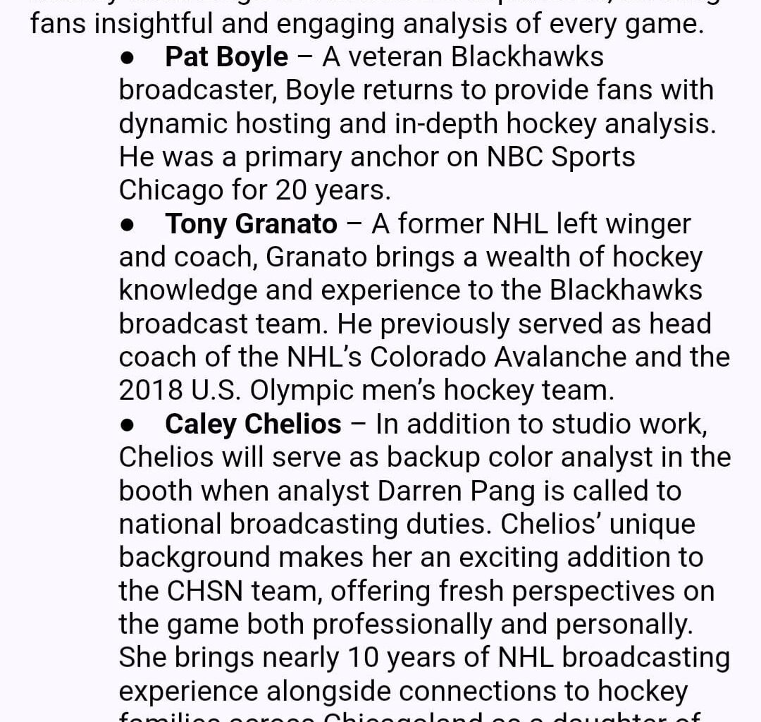 [CHGO] Chicago Sport Net has confirmed their Blackhawks TV crew. Pat Boyle, Tony Granto, Caley Chelios