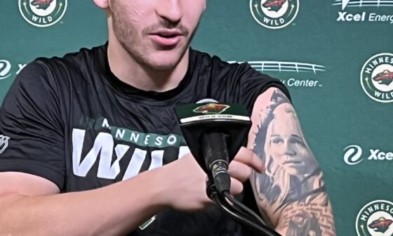 Jakub Lauko, a quote machine, showing off his Lord of the Rings and Game of Thrones tattoos. Traded for Vinni Lettieri, he’s living in his former teammate’s ST Park home while with the Wild. He eats a bag of grapes a day and is the new Wild “grape dealer”