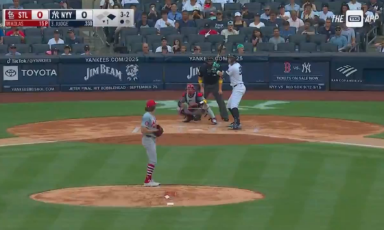 Aaron Judge watches a pitch in the zone to strike out as Juan Soto is gunned down by a mile to end the inning