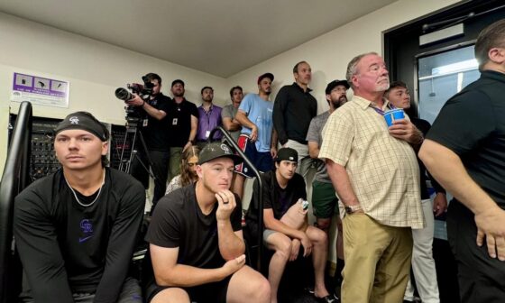 [Wingert-Linch] All of Charlie Blackmon’s Rockies teammates, staff & some former teammates, including Nolan Arenado, taking in every word of Blackmon’s retirement press conference.