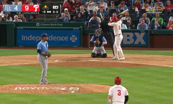 Benches clear after the Tampa Bay Rays pitcher Uceta throws at and hits Nick Castellanos after giving up 5 runs in the 8th inning.