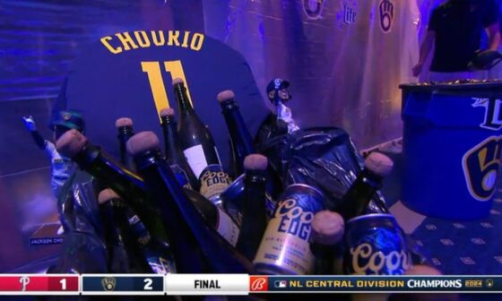 The Brewers put non-alcoholic beers in a stroller for Jackson Chourio for their clinch party