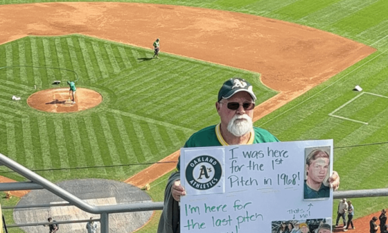 An Oakland fan's sign today: "I was here for the first pitch in 1968! I'm here for the last pitch in 2024!"