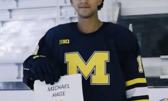 Michael Hage in his new University of Michigan jersey. He’ll be starting his freshman year in the NCAA this fall.