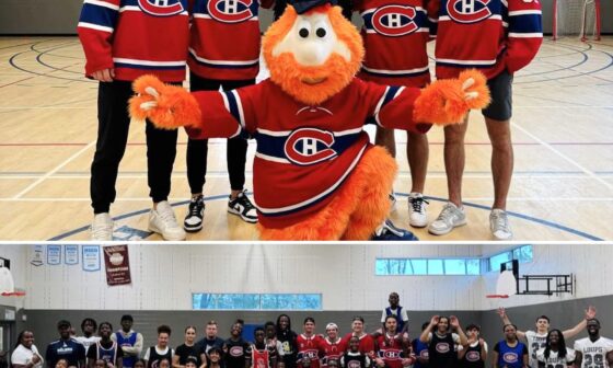 Arber Xhekaj, Kaiden Guhle, Alex Newhook, Justin Barron and Youppi with Georges Laraque today, they played hockey with kids at Henri-Bourassa school