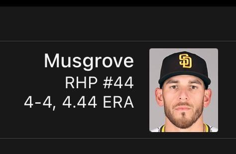 Joe Musgrove is #44 with 4.44 ERA and 4-4 record.