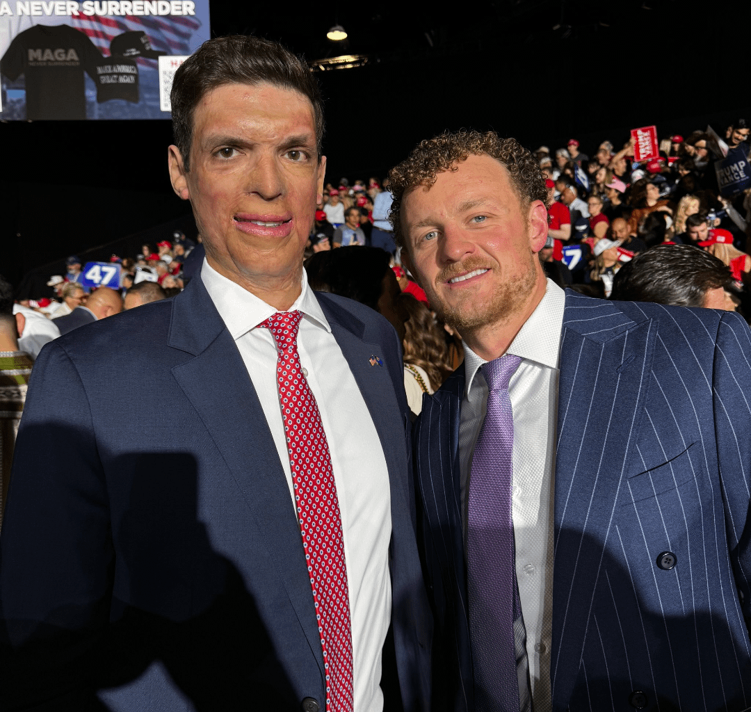 Jack Eichel at Trump rally posing with MAGA star Sam Brown in Las Vegas