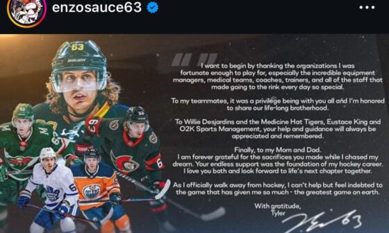 Tyler Ennis has announced his retirement from professional hockey.