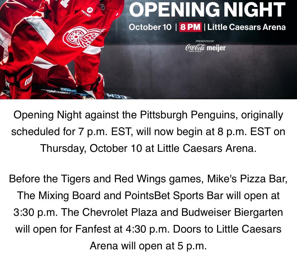 Opening Night against the Pittsburgh Penguins, originally scheduled for 7 p.m. EST, will now begin at 8 p.m. EST on Thursday, October 10