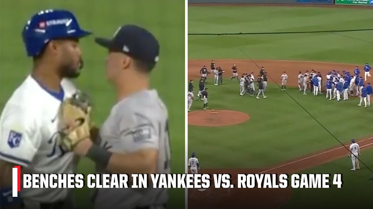 BENCHES CLEAR IN YANKEES VS. ROYALS GAME 4 👀 Awkward tag leads to MAYHEM | ESPN MLB