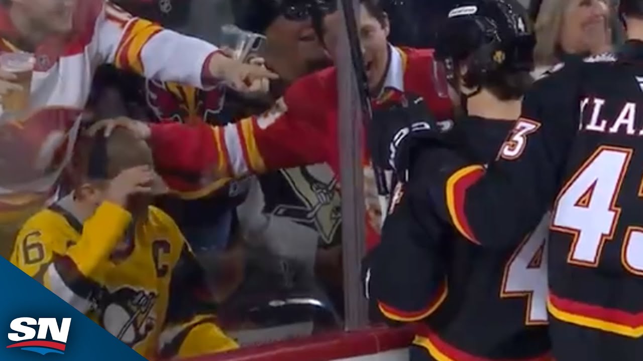 Flames' Andersson Stares Down Penguins Fan After Chip-In Goal