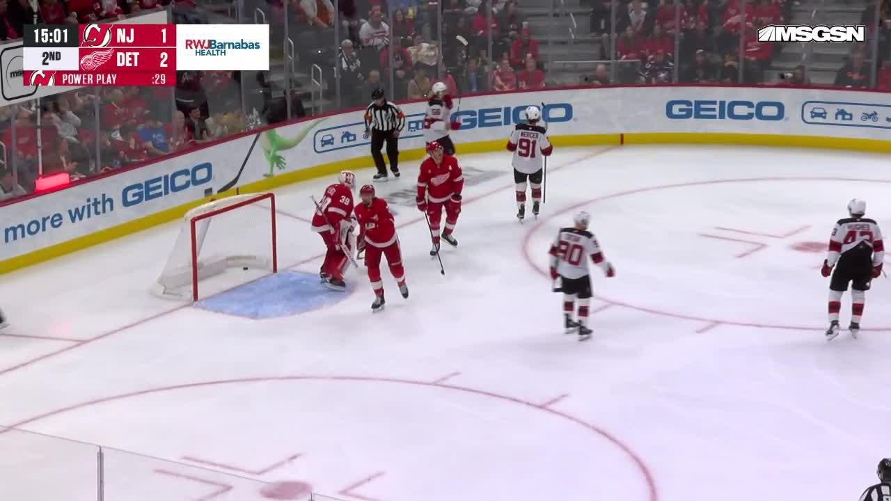 Erik Haula scores a powerplay goal against the Detroit Red Wings