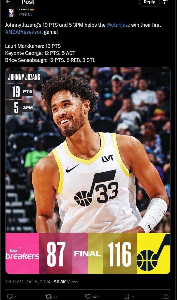 Johnny Juzang's 19 PTS and 5 3PM helps the Utah jazz win their first NBAPreseason game!