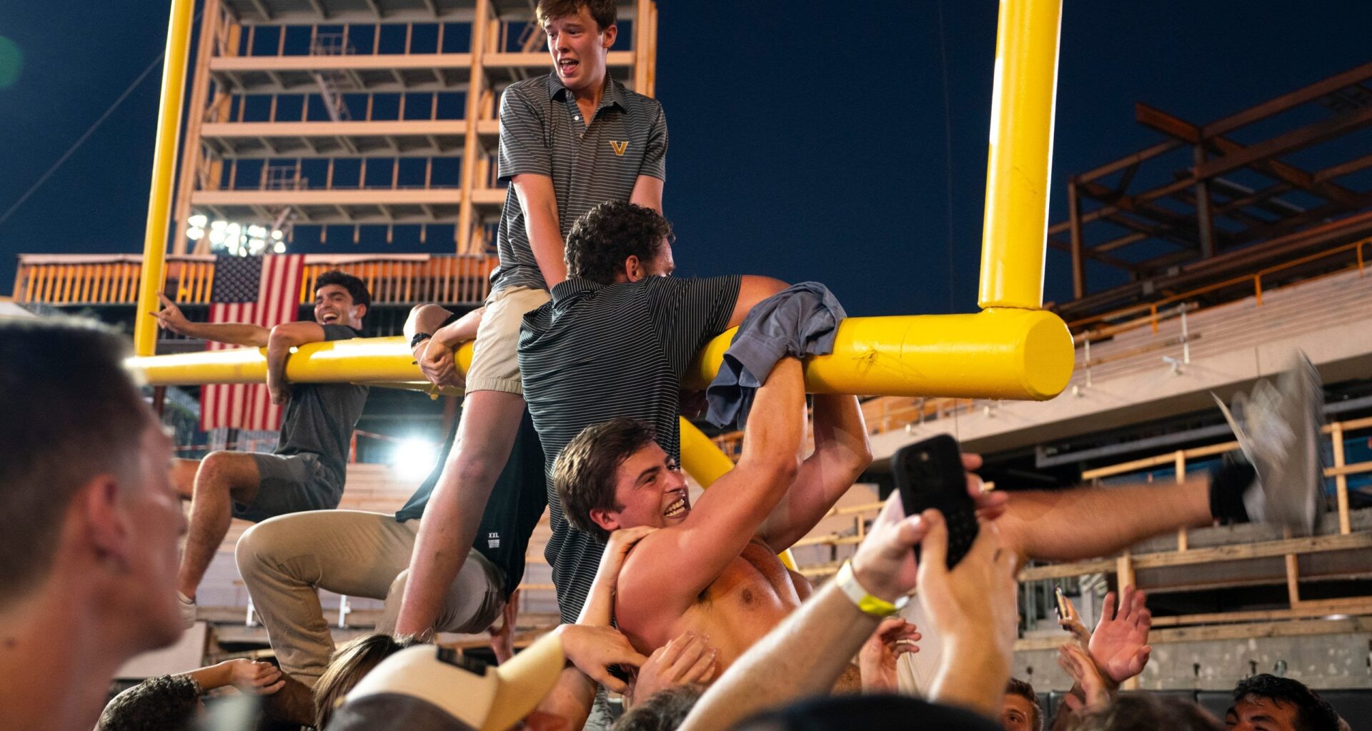 [Alex Daugherty, Nashville Tennessean] Andrew Brunette's encounter with and assist to the Vanderbilt students carrying the goal post from FirstBank Stadium down Broadway and past Bridgestone Arena to the Cumberland River after Predators-Hurricanes and Vandy's upset of Alabama