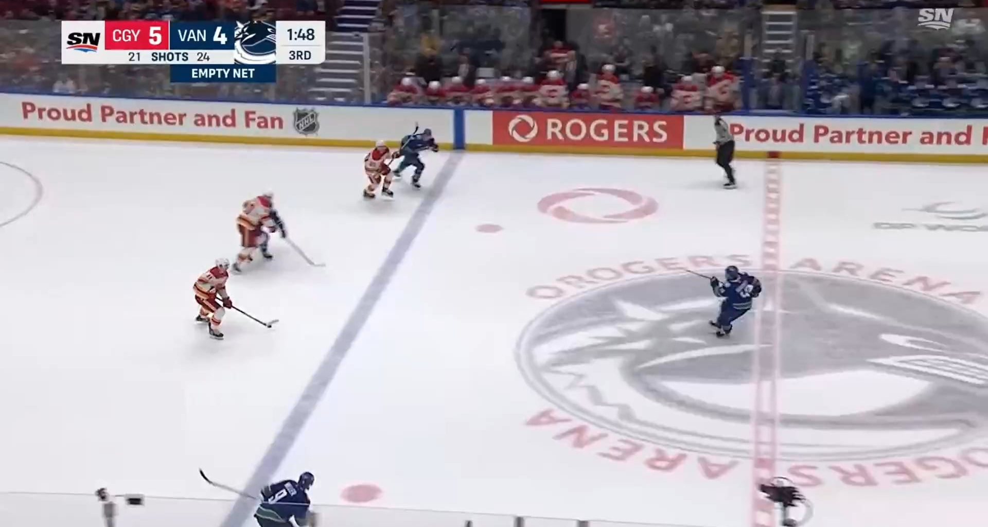 Quinn Hughes saves a shot on the empty net, send J.T Miller on the rush who absolutely rips one top corner to tie the game