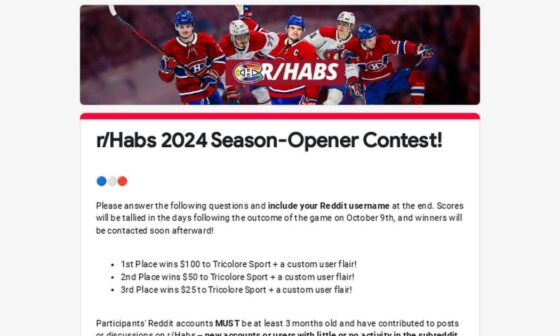 r/Habs 2024 Season-Opener Contest -- Win a giftcard to Tricolore Sport!