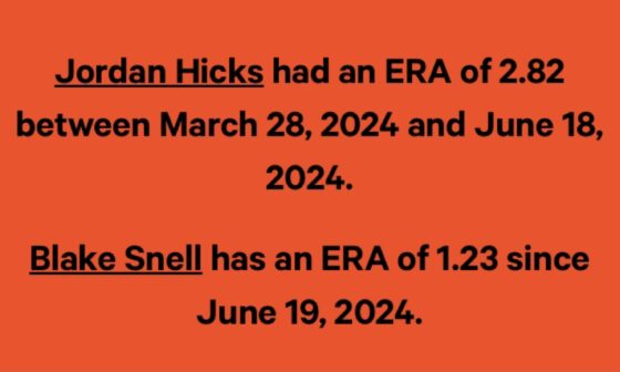 Guys we can just have Hicks pitch the first half of the season and Snell pitch the second half of the season and then we have an easy win every 5 games!!! /s