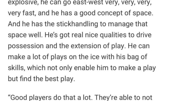 [Engels] At the start of camp, Martin St. Louis was talking about how Hutson was going to have to get used to not having the puck as much in the NHL. Last night, he was listing all the reasons for why Hutson seems to have it on his stick all the time.