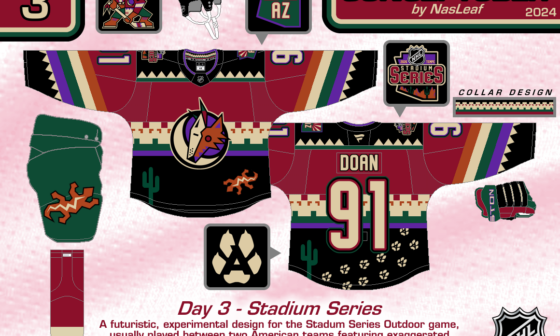 Doing a daily jersey design project, wanted to give the Yotes their first outdoor game uniform for the Stadium jersey, and to also finally make a send-off tribute design culminating all of Yotes branding that I wanted to back in May.