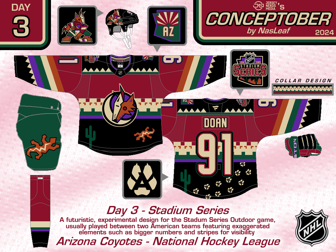 Doing a daily jersey design project, wanted to give the Yotes their first outdoor game uniform for the Stadium jersey, and to also finally make a send-off tribute design culminating all of Yotes branding that I wanted to back in May.