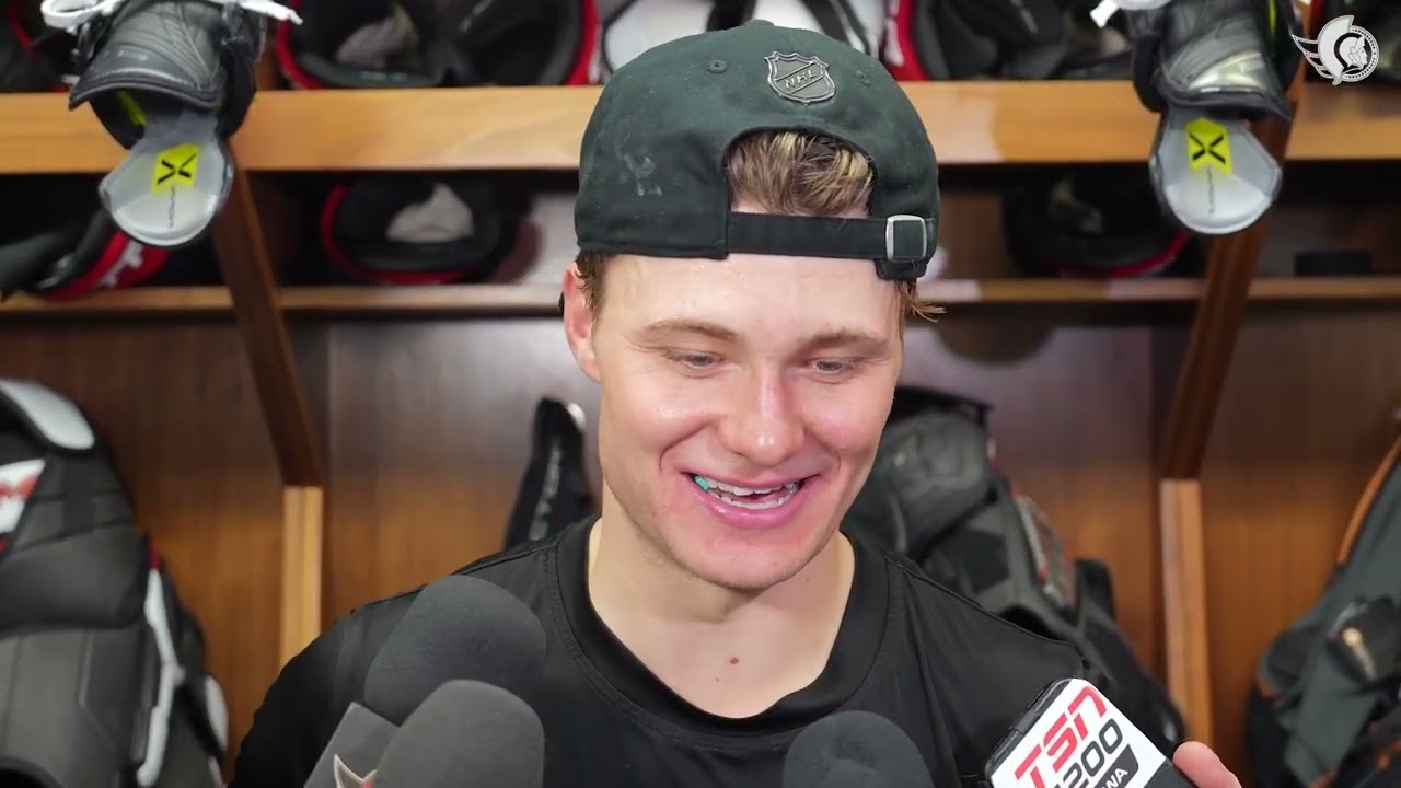 Adam Gaudette, Tim Stützle, Anton Forsberg, Brady Tkachuk, Travis Green Postgame Media vs SEA