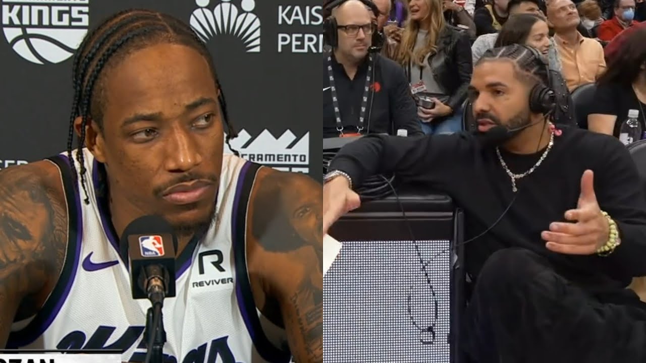 DeMar DeRozan reacts to Drake saying he'll pull down his jersey if Raptors retire it