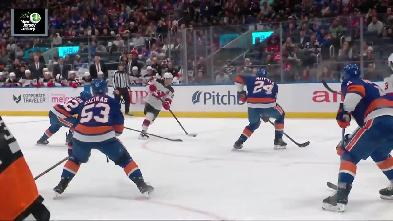 Jack Hughes scores a powerplay goal against the New York Islanders