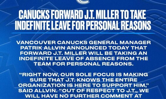 [Canucks] JT Miller to take indefinite leave for personal reasons