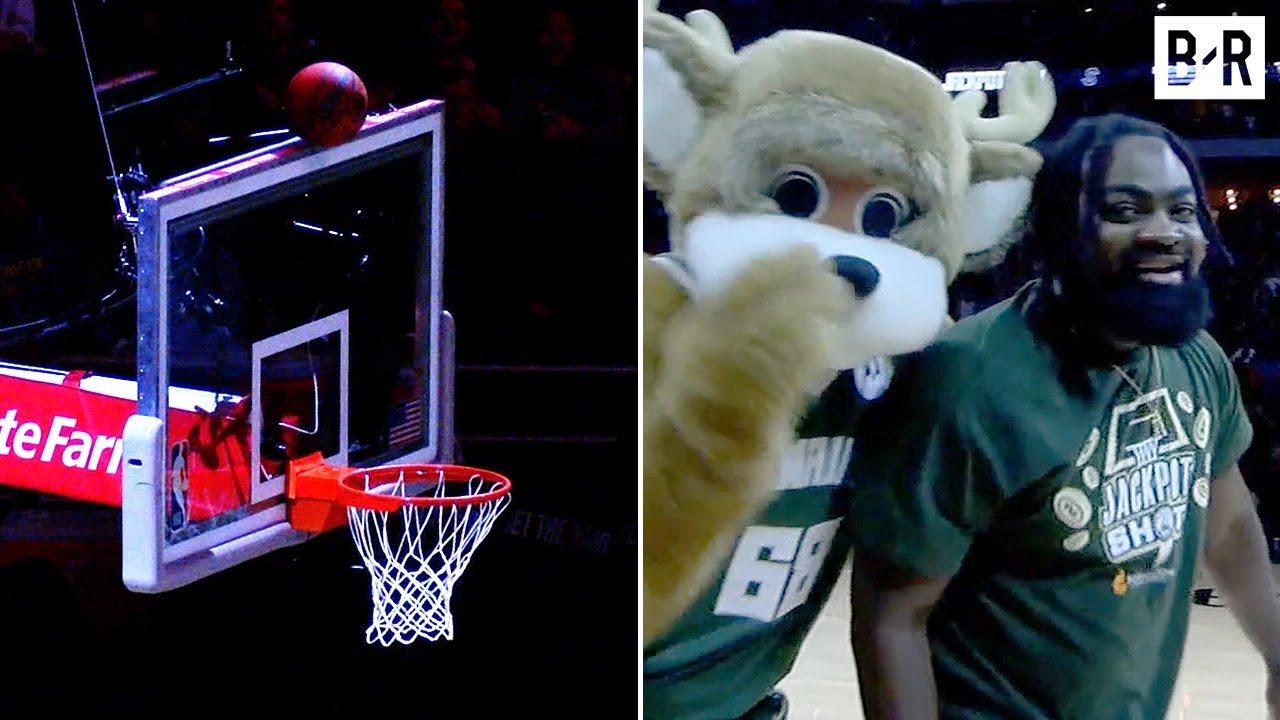 Bucks Fan Makes Halfcourt Shot Off Top of the Backboard to Win $10K 🤯