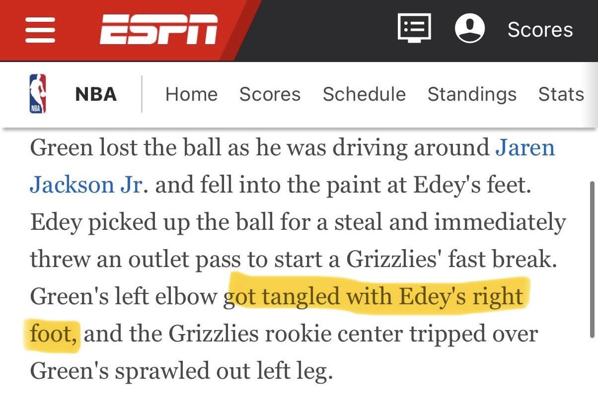 "Got tangled with" is a weird way of saying, "held Edey's foot between his elbow and torso"