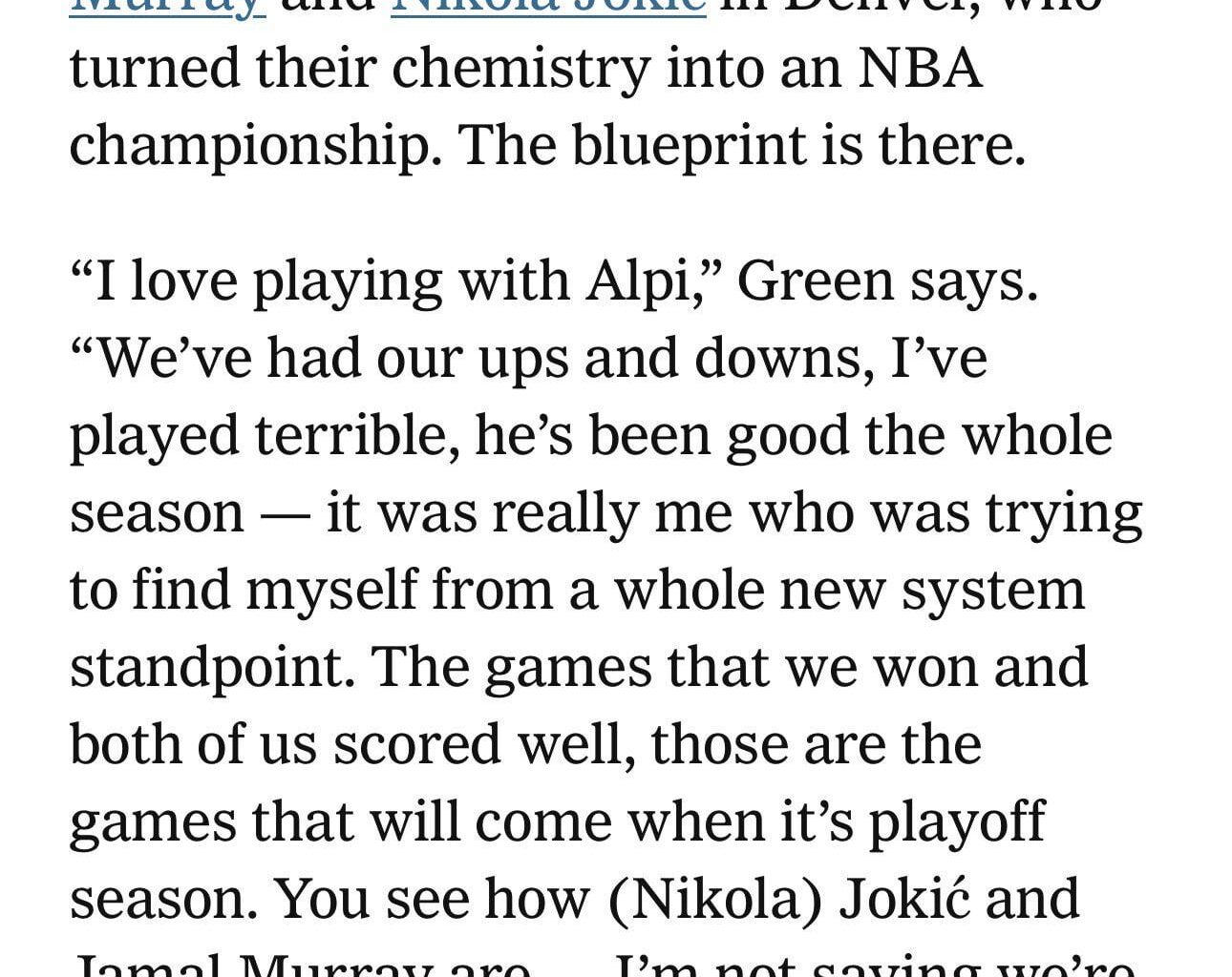 Jalen Green talking about loving to play with Alperen Sengun and comparing their duo to Jokic and Murray.