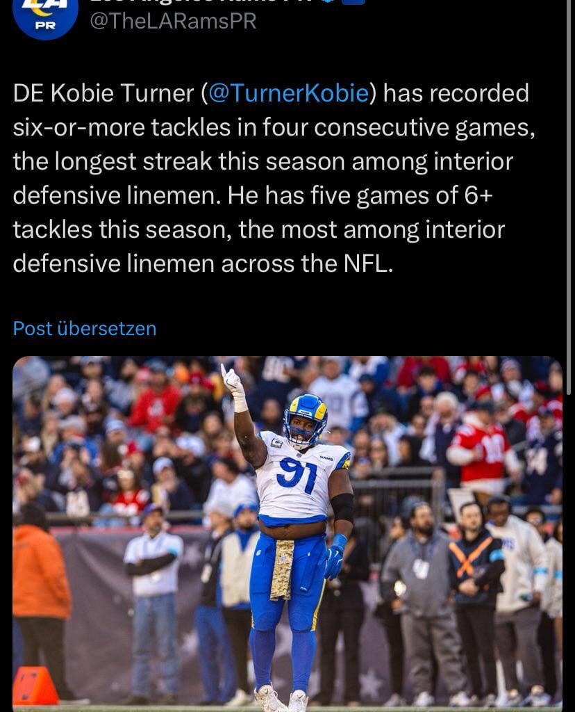 DE Kobie Turner has recorded six-or-more tackles in four consecutive games, the longest streak this season among interior defensive linemen. He has five games of 6+ tackles this season, the most among interior defensive linemen across the NFL.